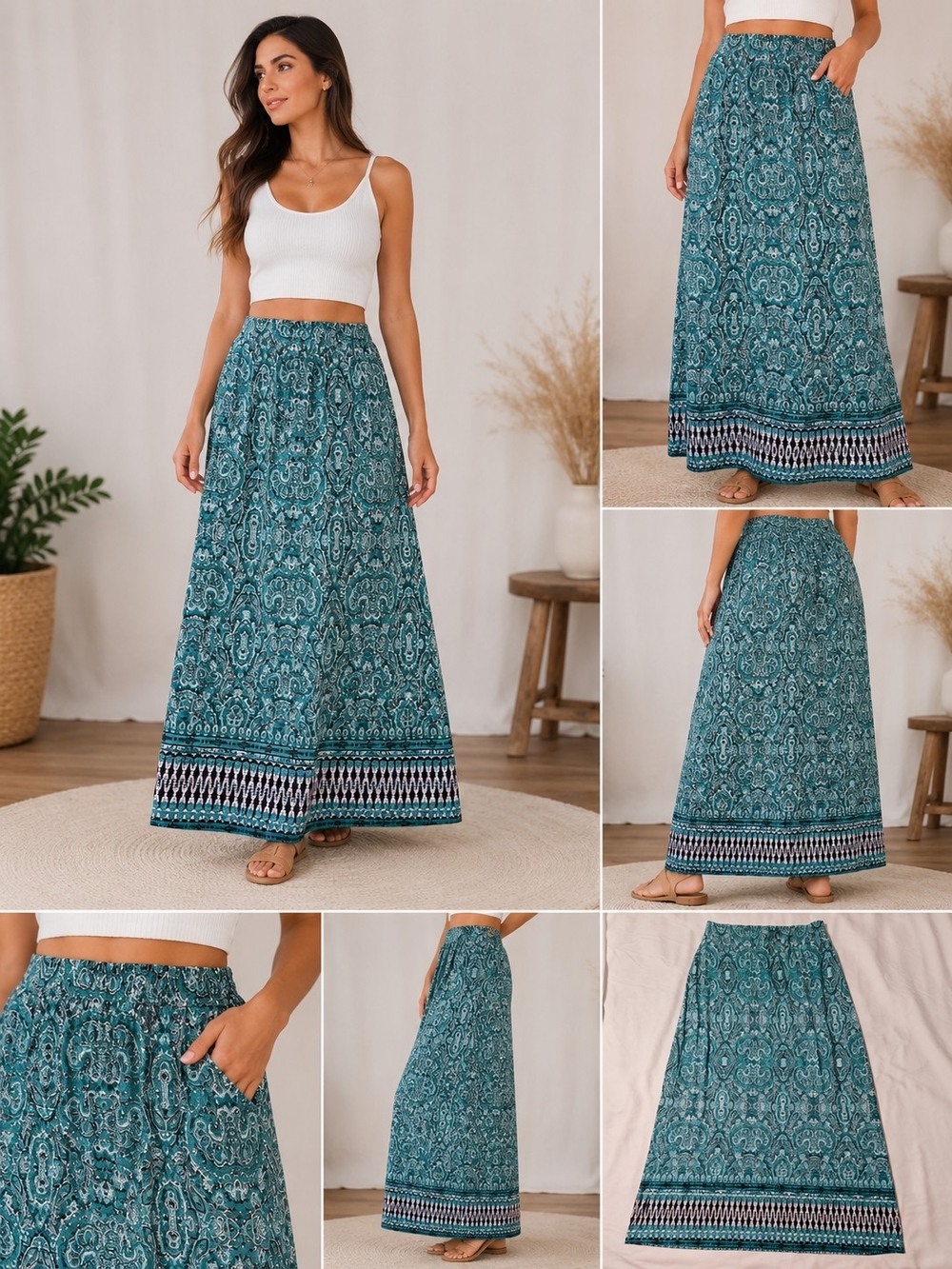 Cato Teal Paisley Border Maxi Skirt with Elastic Waist